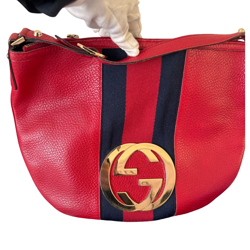 Gucci Britt New Web Hobo Red Pebbled Leather GG Logo Shoulder Bag